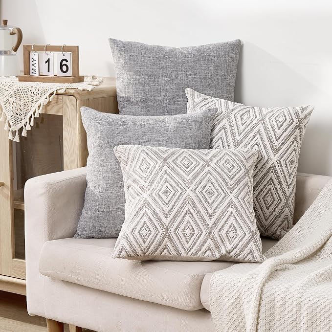 HPUK Throw Pillow Covers 20x20 Inch Set of 4, Linen Decorative Pillow Covers, Accent Cushion Covers for Couch Sofa Bed Bedroom Living Room Décor, Grey