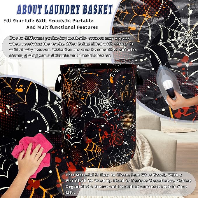 Colorful Spider Web Laundry Basket Foldable Oxford Cloth Halloween Laundry Hamper With Handle Clothes Storage Organizer Basket 18.9"x16.5" Storage Bag For Laundry Room/Bathroom/Bedroom/Dormitories