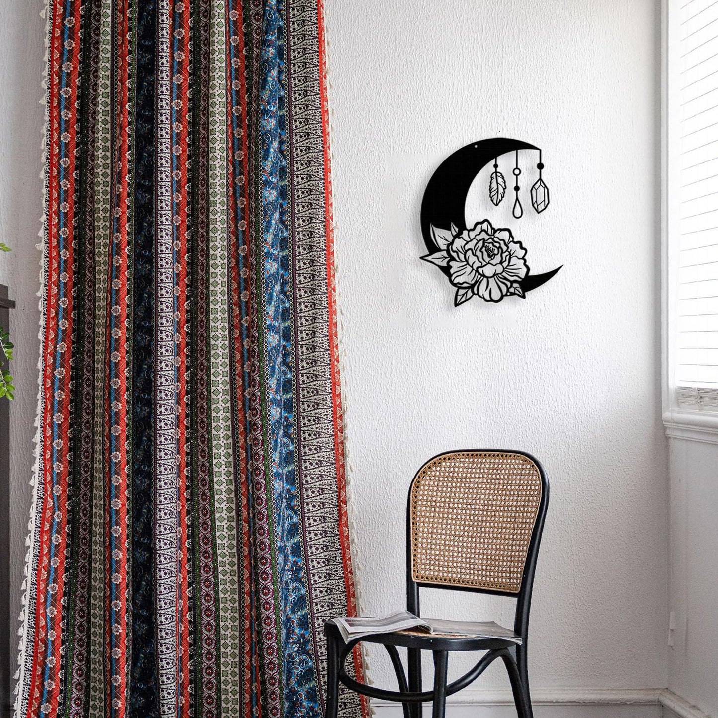 DUOOLN Moon Metal Floral Art Decor - 11" Black Boho Floral Rose Star Phase Wall Sign, Half Moon Flower Sculpture Hanging Wall Decor for Bedroom Living Room Home Wall Decoration