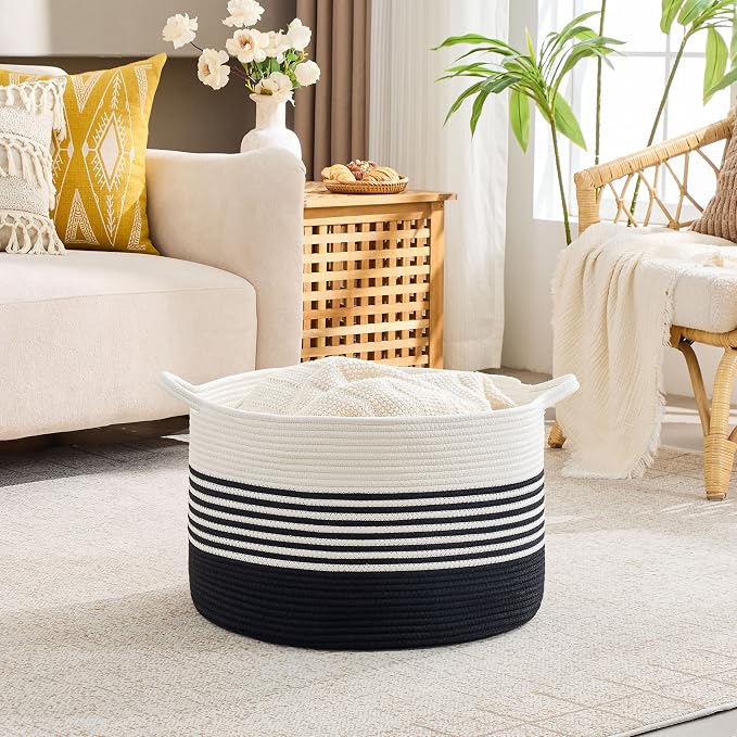 KAKAMAY Cotton Rope Storage Basket (20"x13"),Woven Hamper for Blankets,Toys,Pillows,Clothes,Laundry,Sturdy Handles Decorative Basket for Living Room, Bedroom,Nursery(Black/Black Fringe)