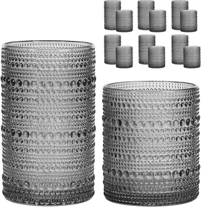 Moretoes Hobnail Drinking Glasses, 12 Piece Gray Water Glass Cups, Mixed Vintage Glassware Set, 6pcs 12oz Highballs and 6pcs 10oz Old Fashioned Glasses, Great for Cocktail, Whisky and Other Beverages