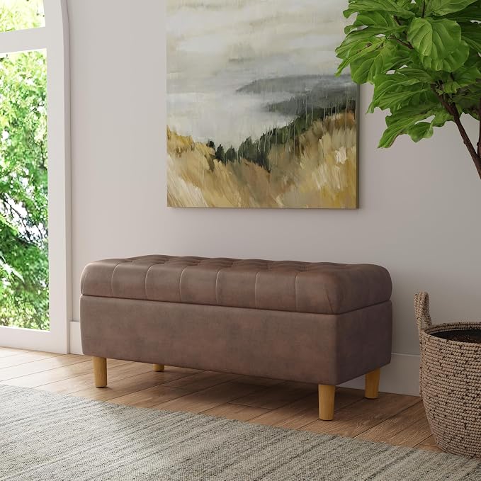 Homepop Home Decor | Tufted Ainsley Button Storage Ottoman Bench with Hinged Lid | Ottoman Bench with Storage for Living Room & Bedroom, Brown Faux Leather