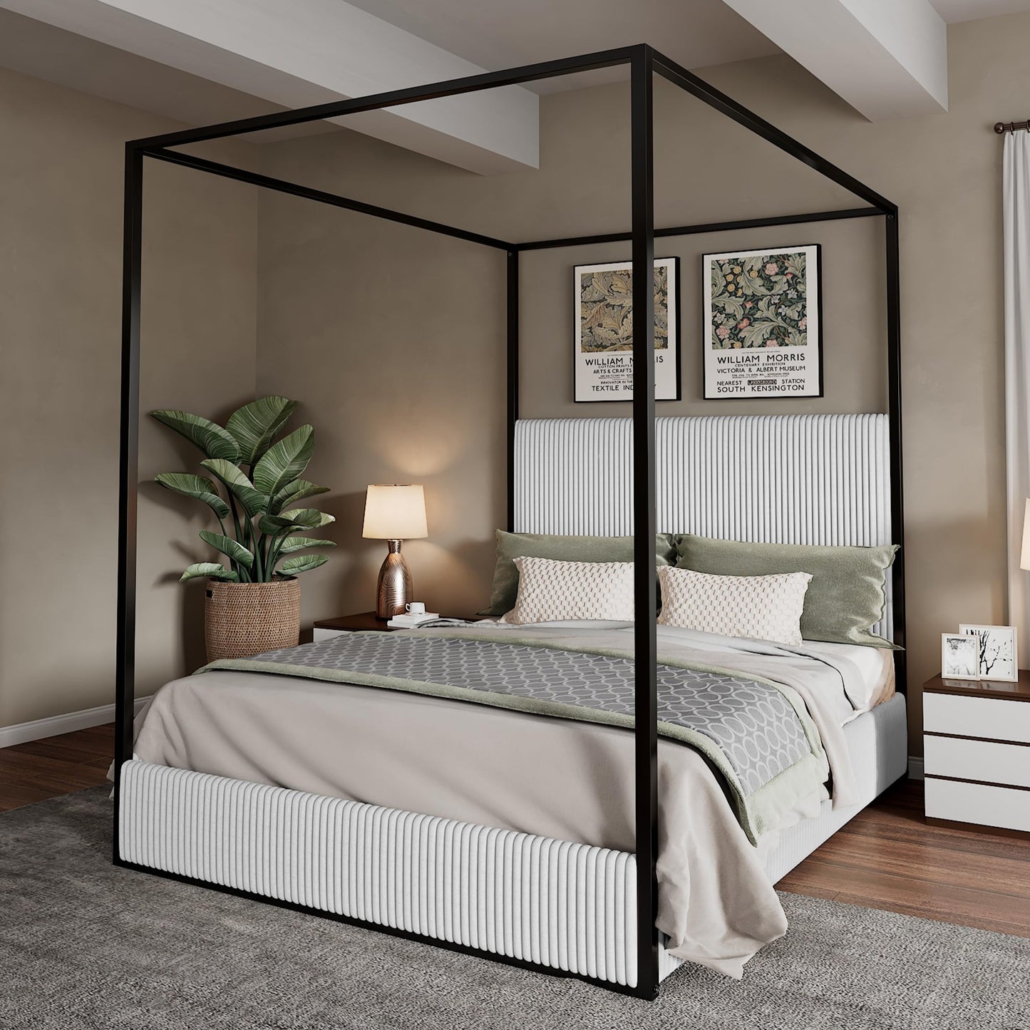 Merax Modern Luxury King Metal Canopy Bed with Tall Upholstered Headboard, Gold Four Poster Bed, No Box Spring Needed, White
