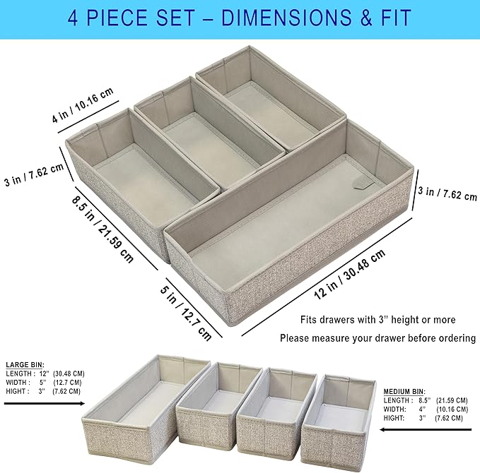 Drawer Organizer, 4-Piece Rigid Fabric Bins for Kitchen | Ideal for kitchen, bathroom, cosmetics, utensils, silverware, and gallon, quart, sandwich & snack bags
