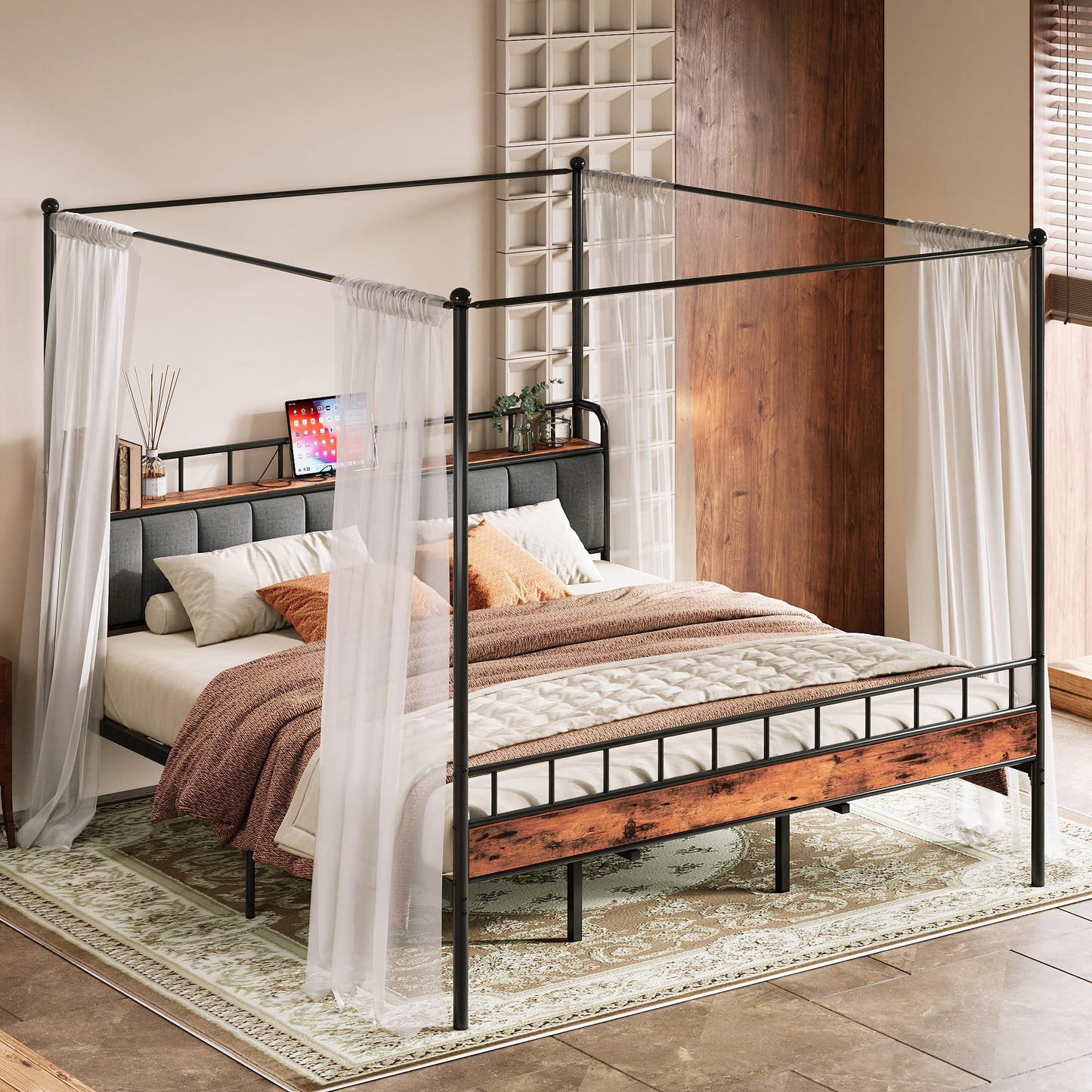 LIKIMIO Canopy Bed Frame King, Storage Headboard with Charging Station, Platform Bed with 4 Removable Sturdy Posts, Noise Free, No Box Spring Needed, Vintage Brown