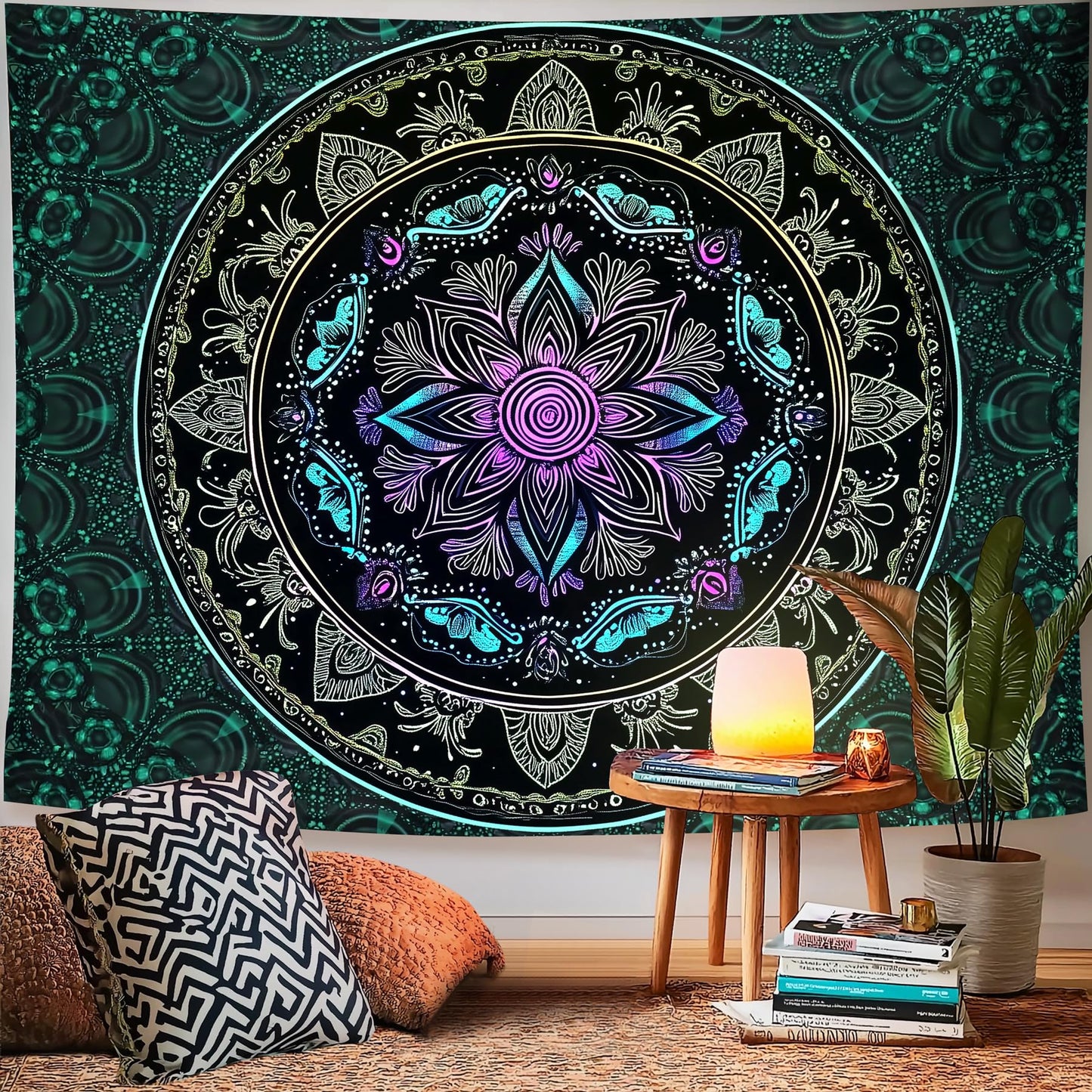 NYZE Blacklight Mandala Tapestry Wall Hanging Bohemian Wall Decor Psychedelic Peacock Indian Hippie Wall Art Boho College Dorm Beach Throws Table Cloth Bedding Tapestry 79×59in