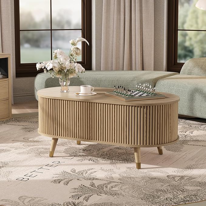 JOINICE 42.5" Oval Lift Top Coffee Table with Storage, Modern Oak Center Table with Fluted Design, Solid Wood Legs & Hidden Compartment, Pop Up Coffee Table for Living Roomm