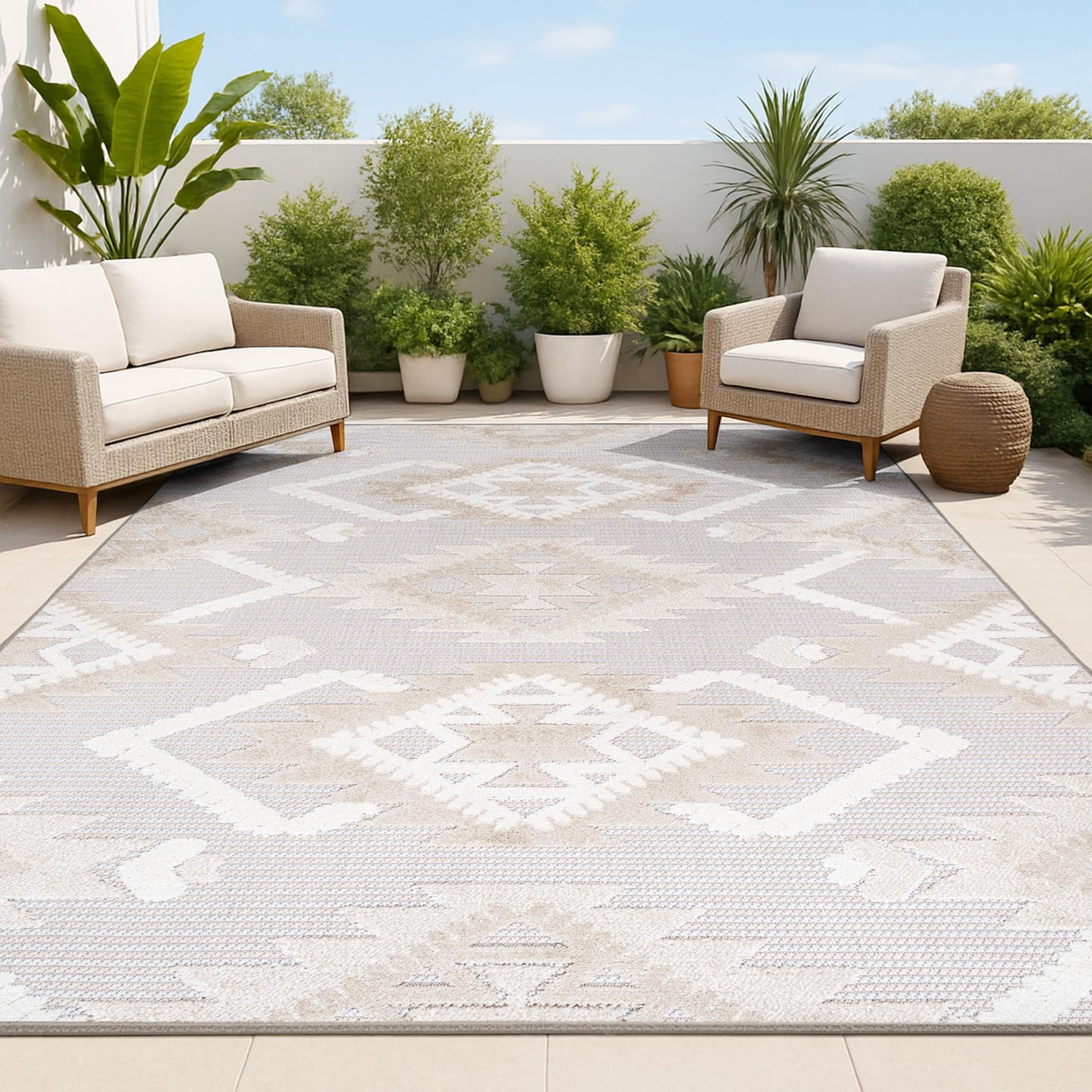 JONATHAN Y Neutral Diamond Kilim Indoor Outdoor Area Rug 4X6 Beige/Gray, Sumak High-Low Pile for Backyard, Patio, Porch, Easy-Cleaning, High Traffic, Pet-Friendly, Non-Shedding (SBH107A-4)