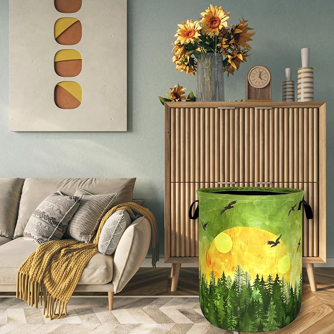 Watercolor Sunset Laundry Basket Foldable Forest Laundry Hamper Oxford Cloth Colorful Tote Bag Clothes Toy Storage Bucket For Bathroom/Laundry Storage/Bedroom 18.9 x 16.5 Inch