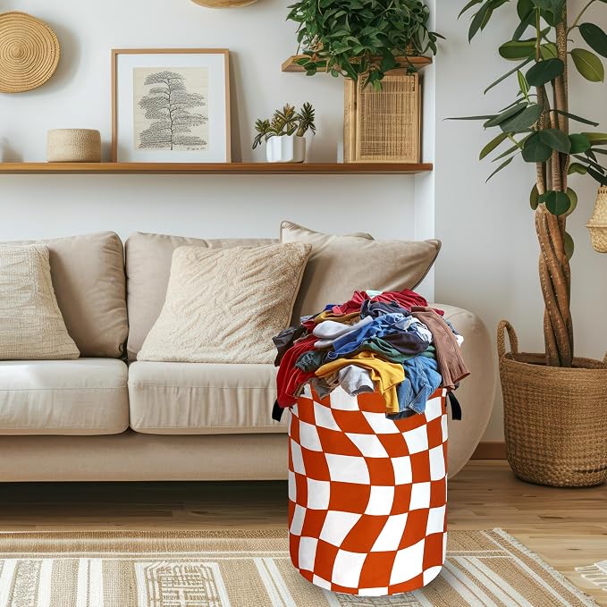Orange Checkerboard Laundry Hamper Foldable Oxford Cloth Colorful Plaid Laundry Basket With Handle Portable Clothes Storage Organizer Basket 18.9"x16.5" Storage Bag For Laundry Room/Bathroom/Bedroom