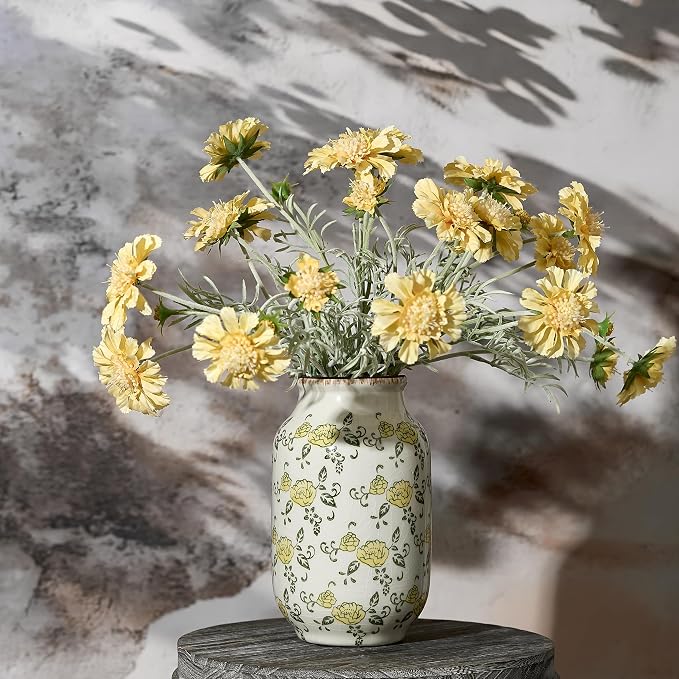 SIDUCAL Ceramic Vintage Pastoral Vase, 8.78 Inch Chinoiserie Floral Vase, Retro Ice Cracked Rustic Farmhouse Vases for Home Decor, Living Room, Bookshelf, Office, Tuscan Decor, Yellow Rose Pattern