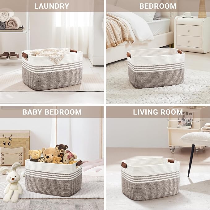 60L Large Laundry Basket with Leather Handles for Living Room Storage, Woven Rope Baskets Bin for Blanket, Kids Toy, Gifts, Wicker Hamper for Bedroom Dirty Clothes, 21"x15"x11" Dark Brown