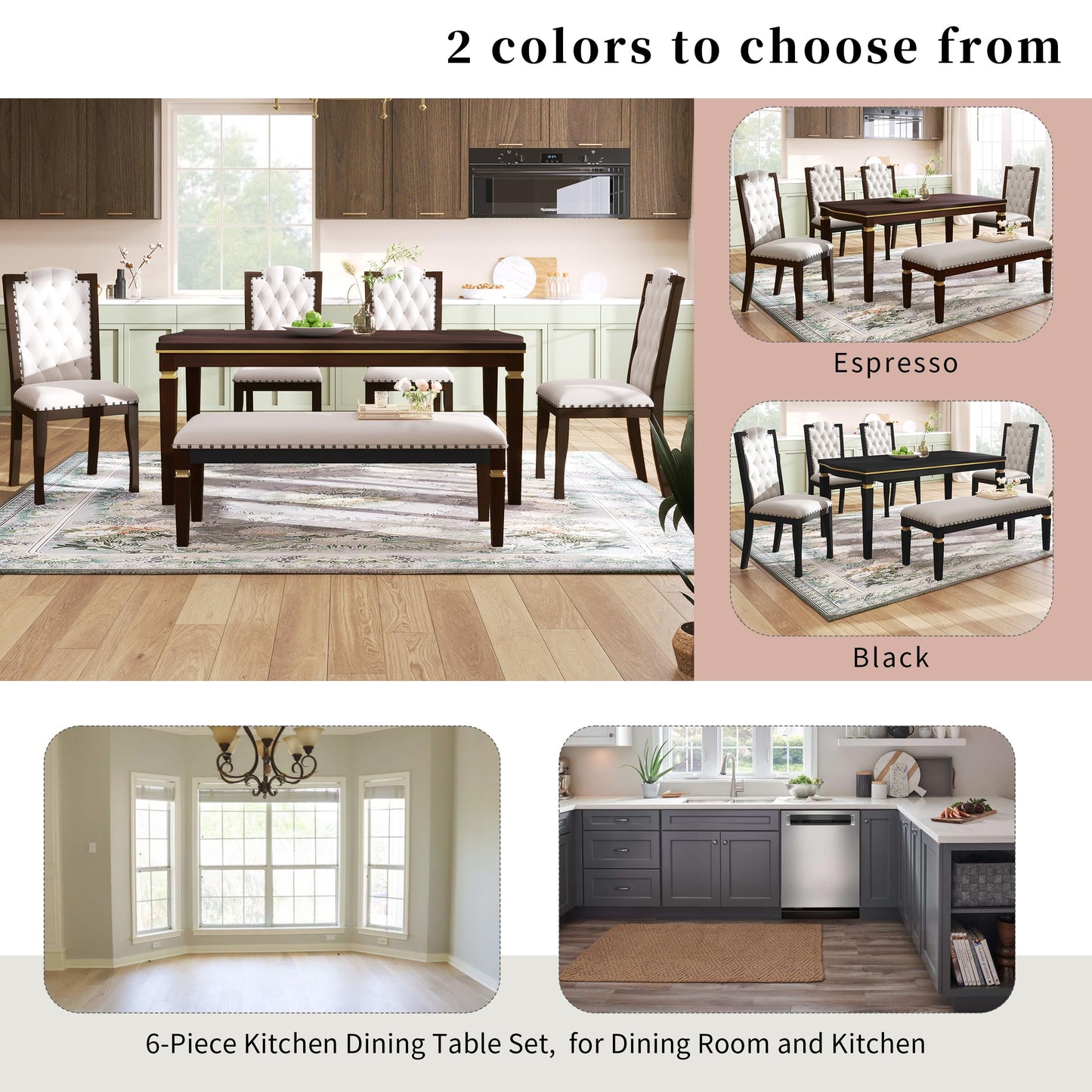 Merax 6-Piece Solid Wood Dining Table Set, Modern Elegant 60" Rectangular with 4 High-Back Tufted Upholstered Chairs + 1 Bench for Kitchen Room, Espresso