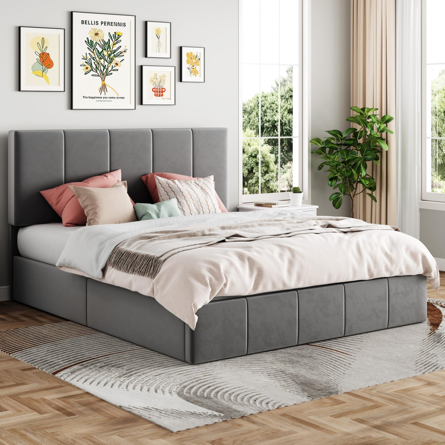SHA CERLIN Queen Size Lift Up Storage Bed Frame, Adjustable Headboard, Hydraulic Support, Velvet Upholstered, Easy Installation, No Box Spring Needed, Gray