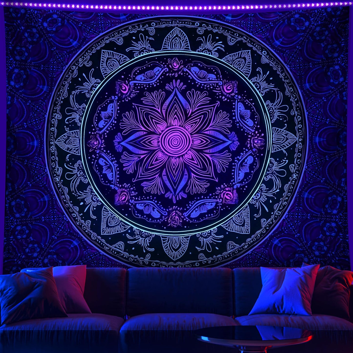 NYZE Blacklight Mandala Tapestry Wall Hanging Bohemian Wall Decor Psychedelic Peacock Indian Hippie Wall Art Boho College Dorm Beach Throws Table Cloth Bedding Tapestry 79×59in