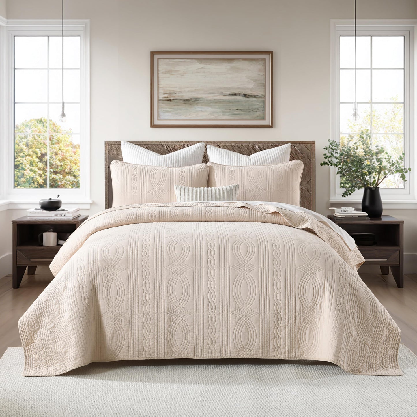 Homzard Quilts Queen Size Bedding Set, 100% Cotton Beige Queen Size Comforter Set,Wave Pattern Bedspread Set,Solid Modern Bedding Coverlet 3 Piece Bed Set, All Season