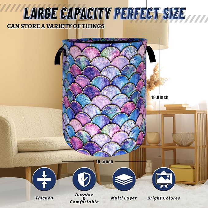 Colorful Mermaid Scales Laundry Basket Foldable Oxford Cloth Beautiful Fish Scales Laundry Hamper With Handle Clothes Storage Organizer Basket 18.9"x16.5"Storage Bag For Laundry Room/Bathroom/Bedroom