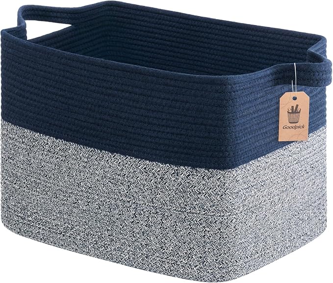 Goodpick Woven Baskets for Organizing, 18" x 14" x 12" Large Storage Basket for Living Room Bedroom, Decorative Toy Baskets Storage Kids Rectangle Blanket Basket with Handles, Dark Blue