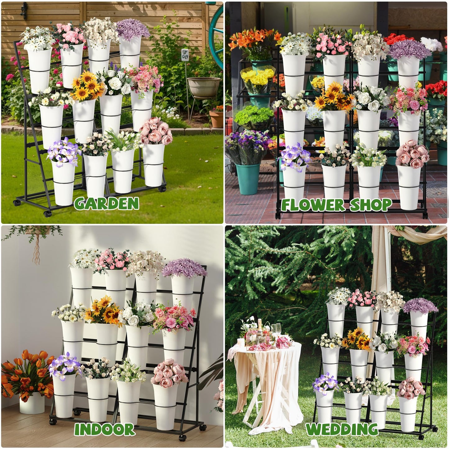 Invech Flower Display Stand with 12 Buckets and Wheels, 3 Tier Flower Cart Display Stand for Indoor Outdoor Garden, Wedding, Flower Shop (Black)