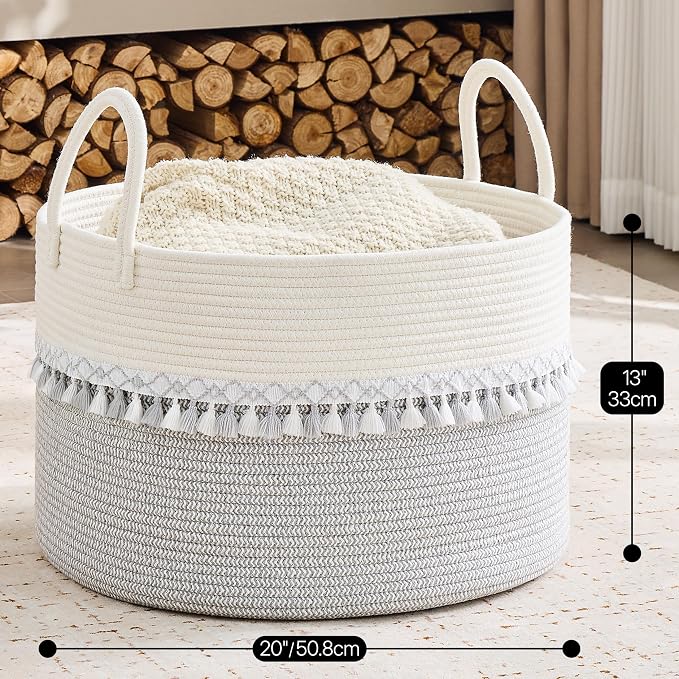 KAKAMAY Cotton Rope Storage Basket (20"x13"),Woven Hamper for Blankets,Toys,Pillows,Clothes,Laundry,Sturdy Handles Decorative Basket for Living Room, Bedroom,Nursery(Grey/Black)