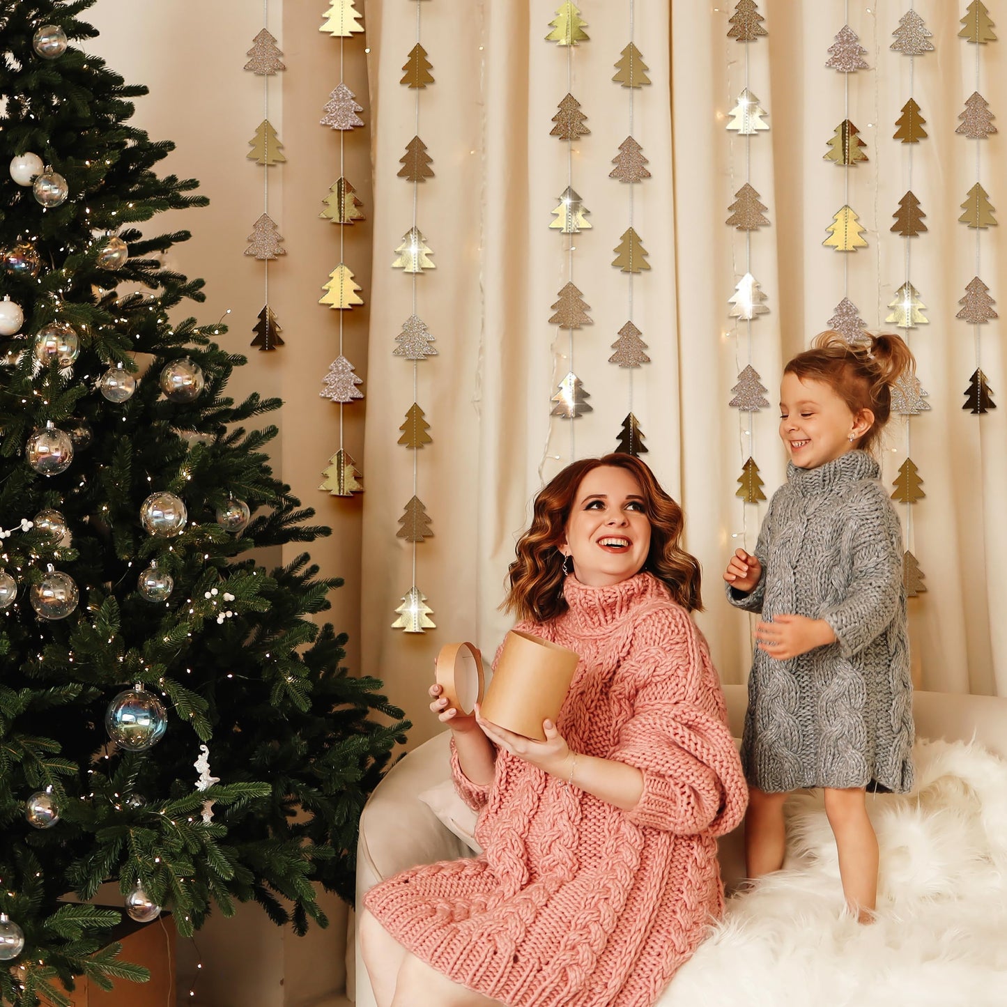 Cheerland Champagne Gold Tree Garland for Hanging Christmas Decorations Baby Shower Woodland Theme Party Decoration Christmas Streamers Backdrop Tree Garland Decor for Birthday Party New Year
