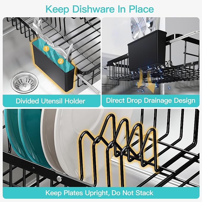 JASIWAY Black Expandable Stainless Steel Over The Sink Dish Drying Rack for Small Kitchen Counter Space Saving, Compact Plate Drainer Strainer, Adjustable Hanging Metal Dish Dryer with Utensil Holder