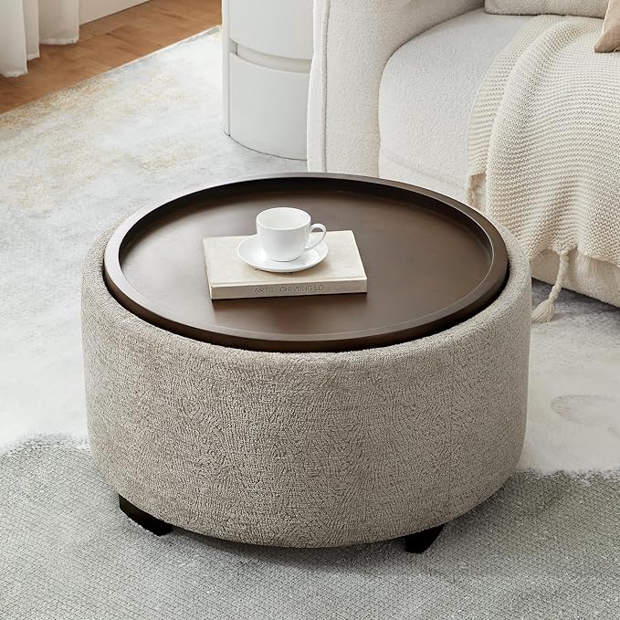 Zihanhome 30 Inch Round Storage Ottoman, Ottoman Coffee Table with Lift Off Lid, Boucle Modern Ottomans with Storage for Living Room, Bedroom, Apartments (Light Brown Striped)