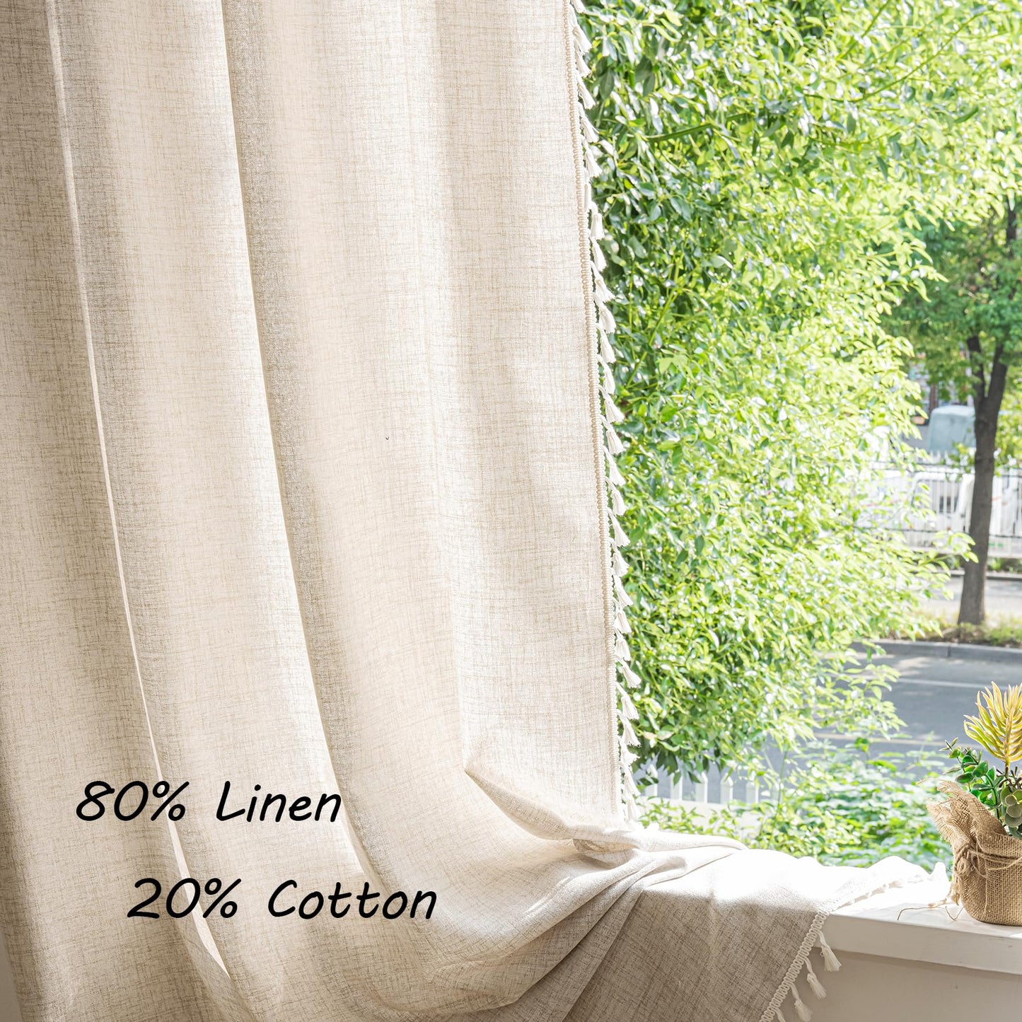 Setaback Boho Curtains for Bedroom Living Room 84 Inch 2 Panels with Tassels, Soft Linen Texture Semi Blackout Sheer Privacy Curtains Window Drapes Rod Pocket, 52" x 84", Natural, 2 Panels