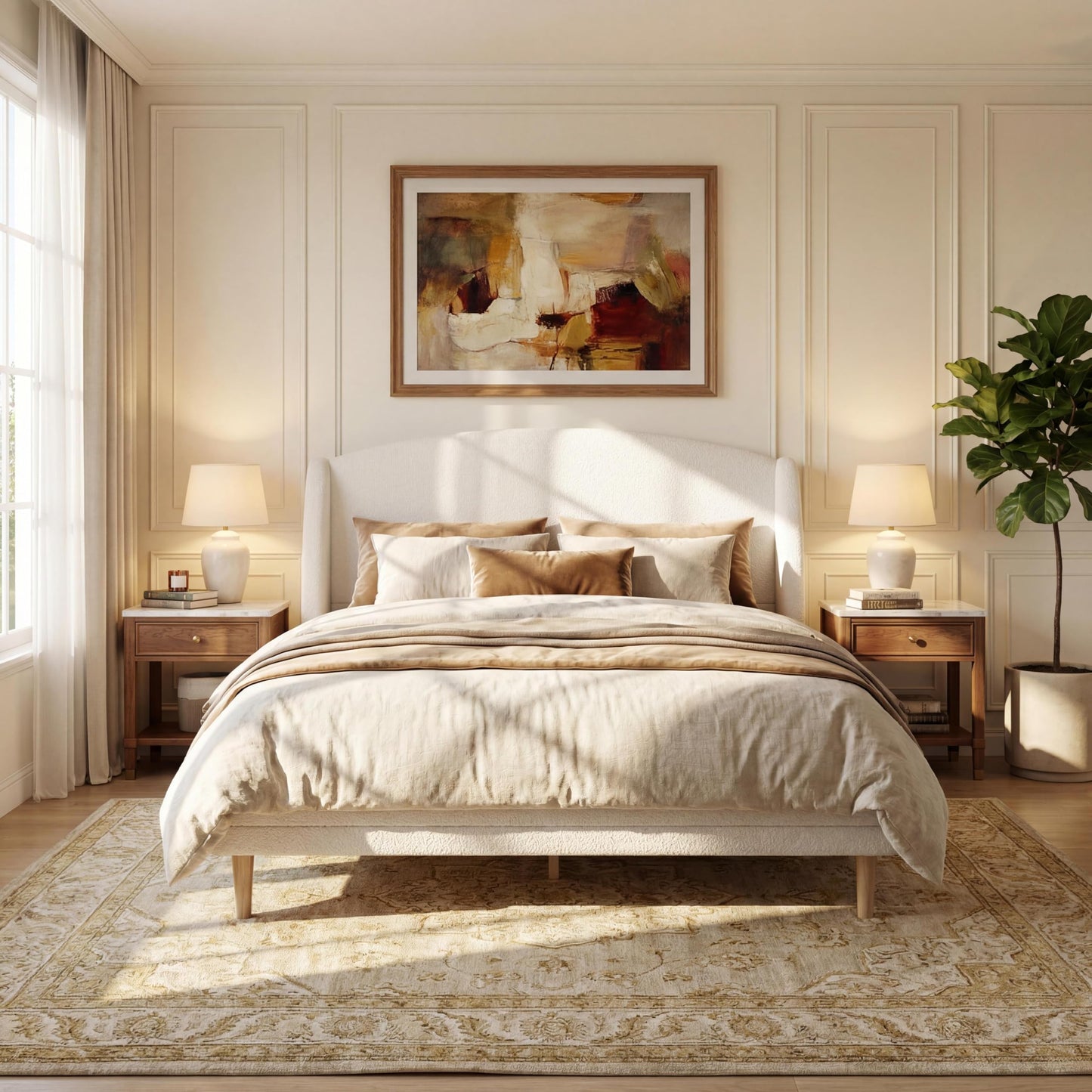 Queen Size Bouclé Upholstered Platform Bed Frame with Wingback Headboard, Rounded Corners, Modern Fabric Bed with Wood Slats Support, No Box Spring Needed, White