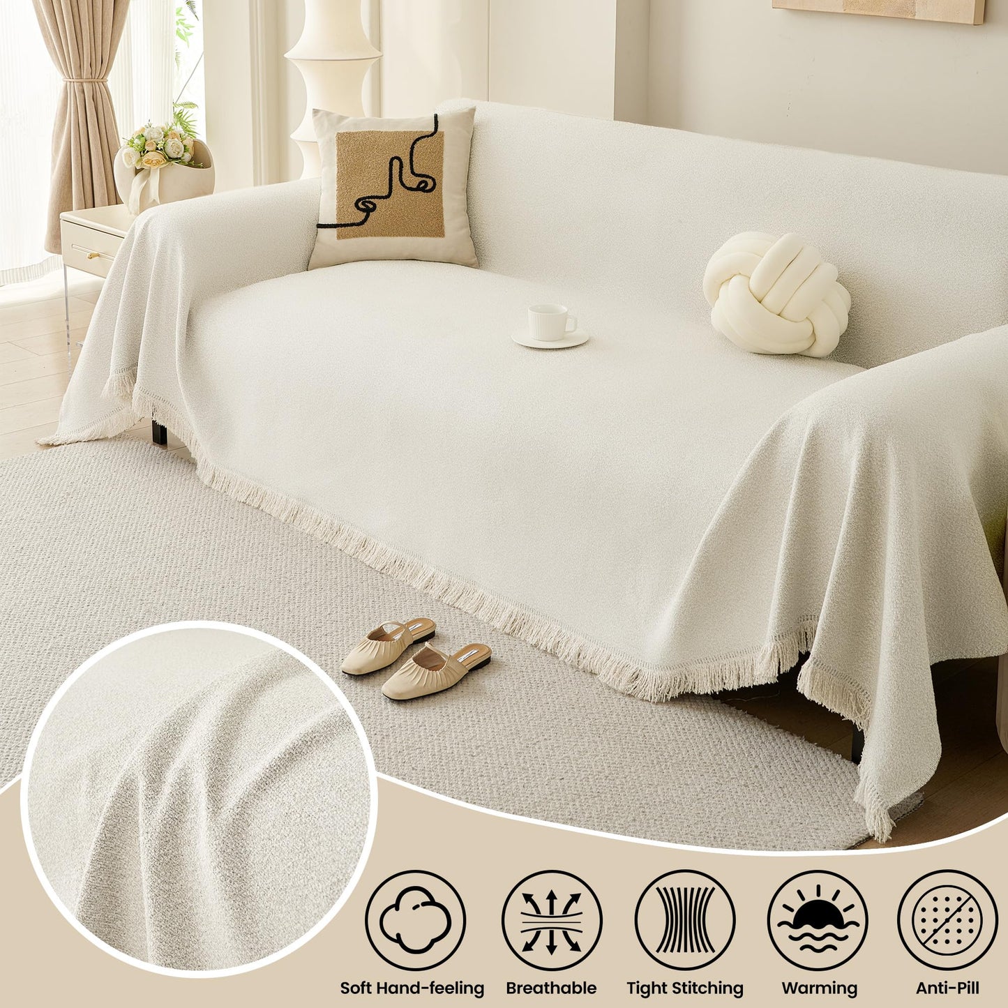 Nestiva Boho Chenille Couch Cover Simple Style Sofa Slipcovers Sofa Cover for 2 Cushion Couch Sofa, Pet Friendly Loveseat Cover Armchair Cover for Sectional Sofa(Beige, 71"x102")
