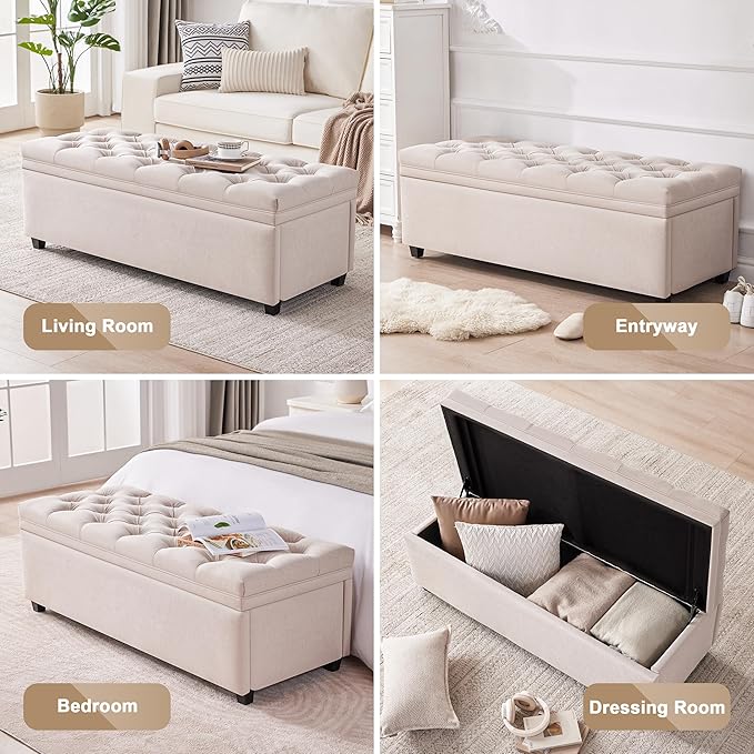 Mangodan 50" Storage Ottoman Bench, Tufted Ottoman with Storage for Living Room, Large End of Bed Ottomans, Modern Entryway Benchs, Window & Bedroom Benches for Foot of Bed (Beige)
