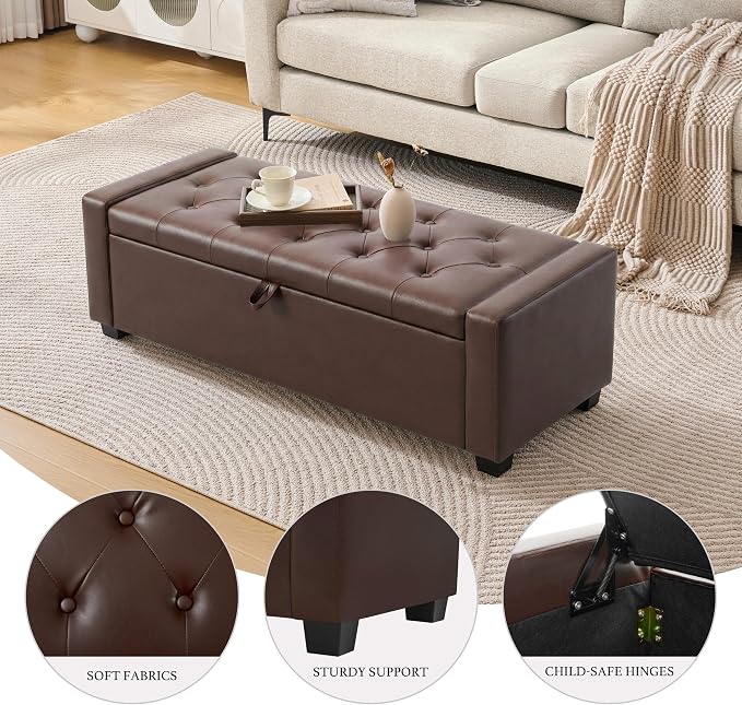 Huatean Home 48" Ottoman with Storage, Storage Ottoman Bench with Safety Hinge, Upholstered Entryway Bench with Seating for Bedroom, Living Room, Holds up to 330 lb, Dark Brown