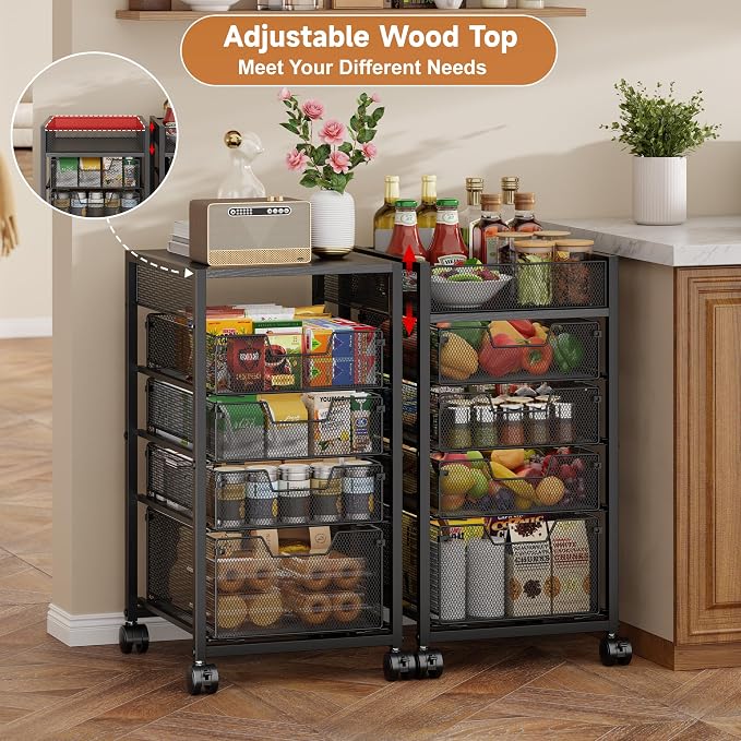 5-Tier Kitchen Utility Storage Cart with Adjustable Wood Top (Tabletop or Basket), Fruit Vegetable Storage Rack with Wheels & Drawers, Metal Rolling Pantry Cart, Kitchen Organizer for Snack Can Potato