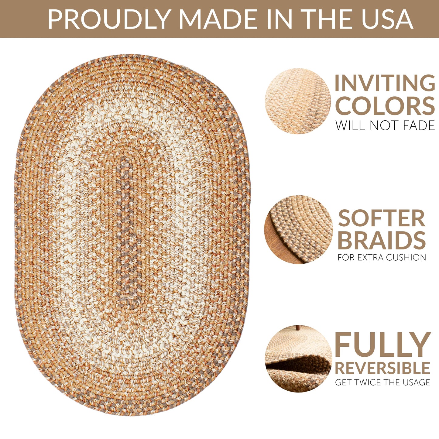 Super Area Rugs Braided Rugs 3X5 Farmhouse Kitchen Rug - Ridgewood Braided Rug for Living Room - Reversible - Indoor/Outdoor - Made in USA - Taupetone/Beige, 3' X 5' Oval