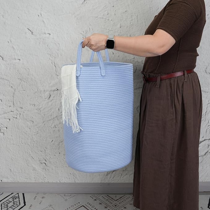 XUANGUO Cotton Rope Laundry Basket Hamper for Clothes Woven Storage Basket for Living Room Bedroom Boho Tall Rope Baskets for Blanket Toys Pillow Towels Baby Nursery Hamper Bin light blue Large