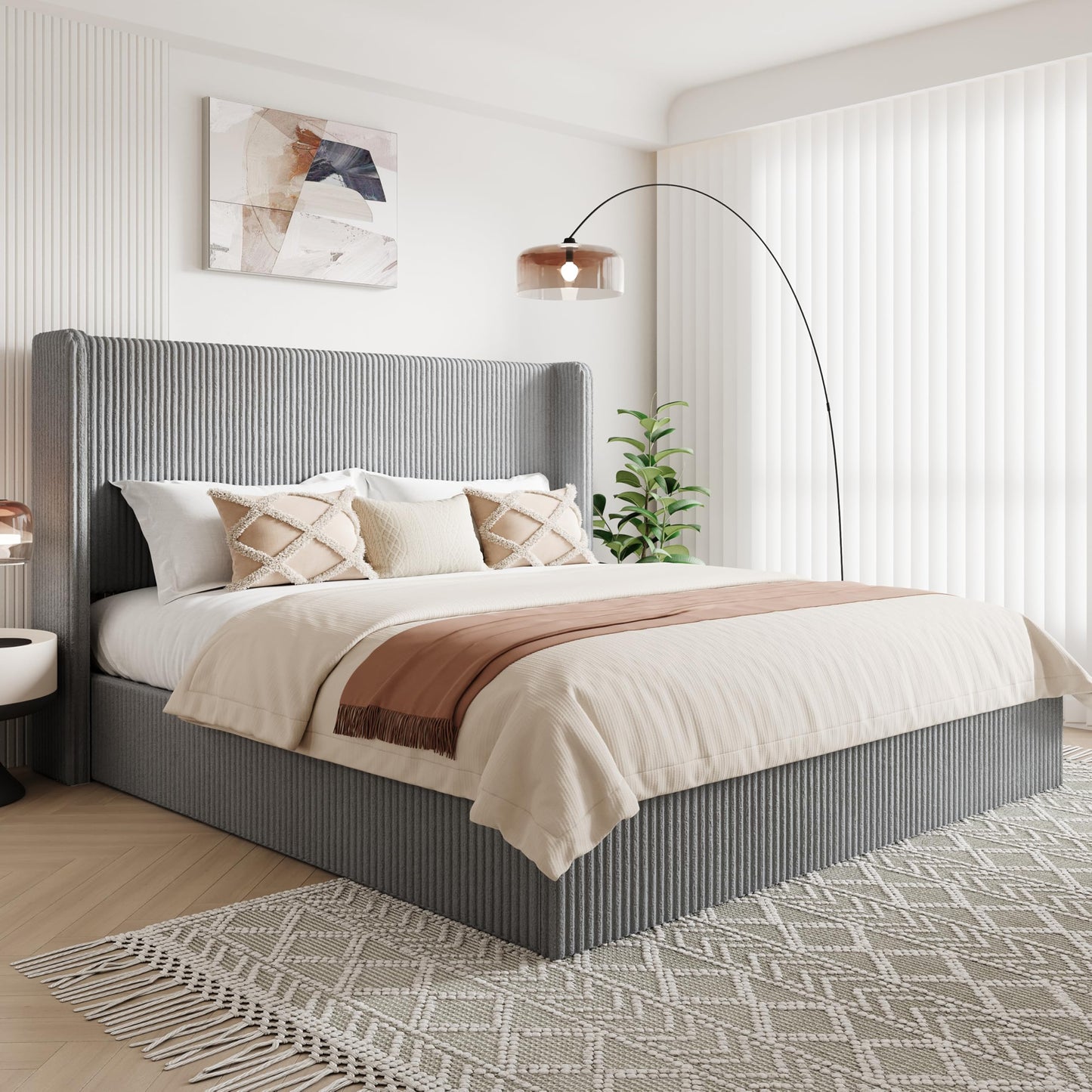 Allewie King Lift-Up Storage Bed Frame with Modern Wingback Headboard, Corduroy Upholstered Platform Bed, Hydraulic Gas Lift Support, Underbed Storage, Wooden Slats, No Box Spring Needed, Grey