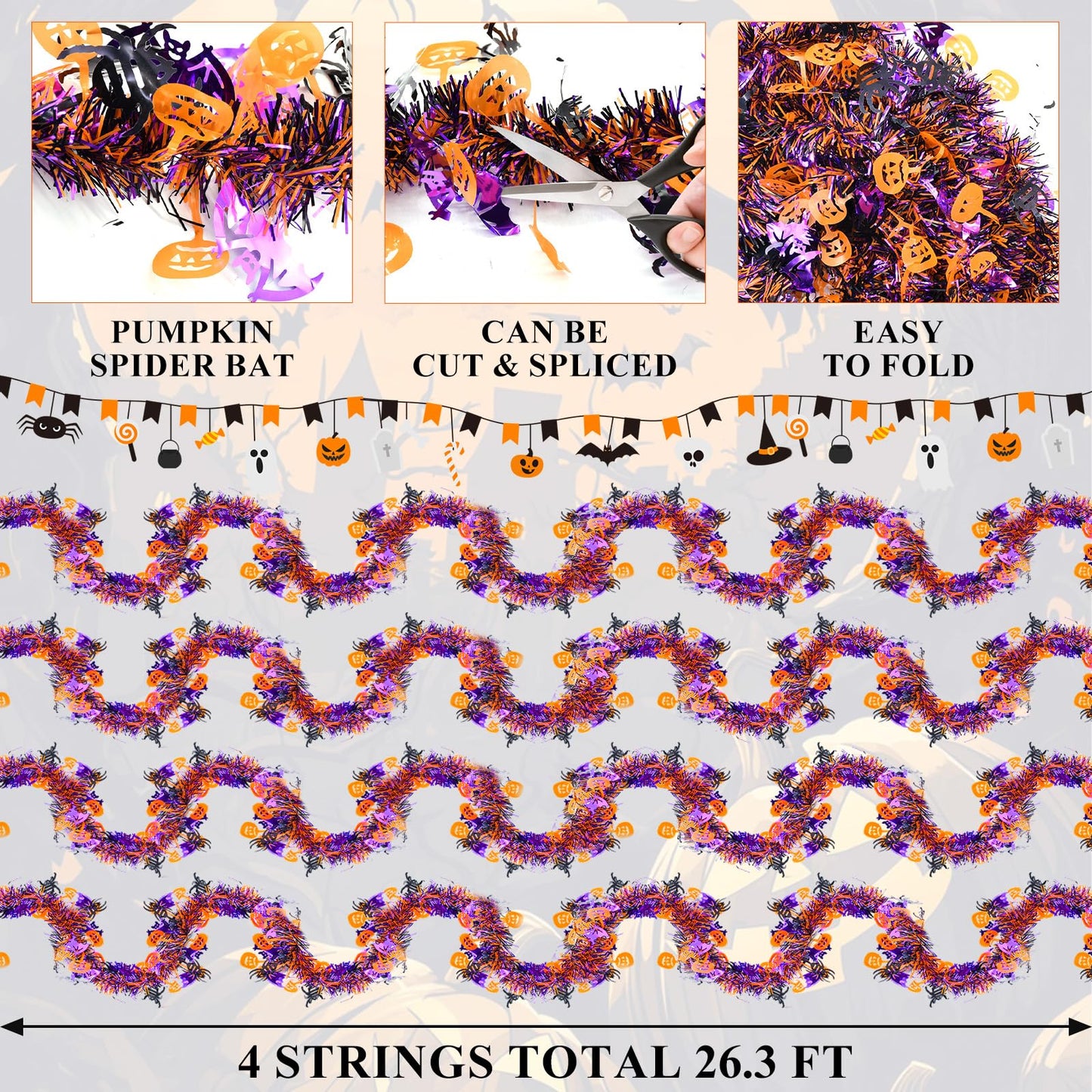 4 Strings Total 26.4 ft Halloween Tinsel Garlands – Each 6.6ft Black Orange Purple Bats Pumpkins Spiders Fringe Garland for Halloween Parties, Haunted House, and Spooky Decorations