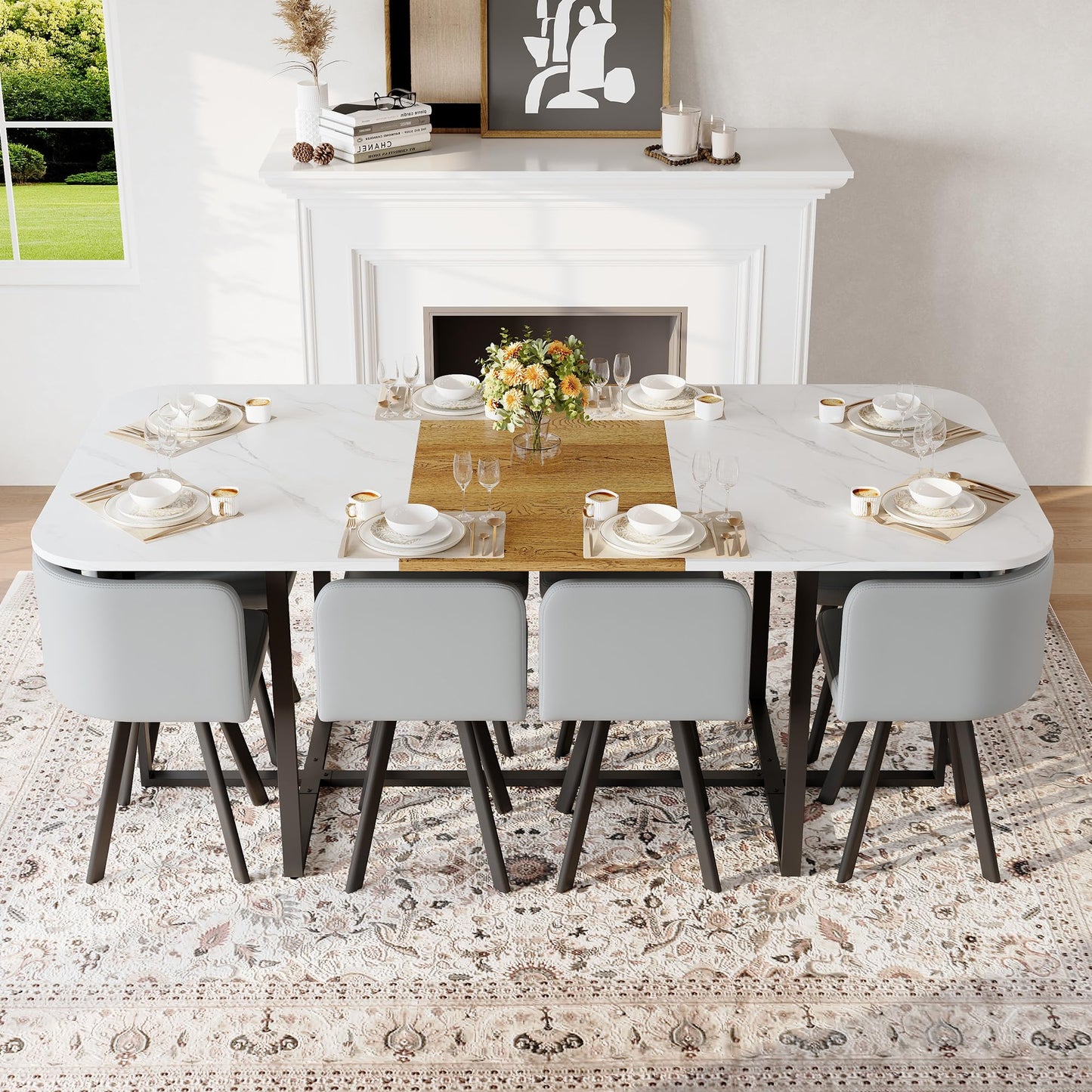 KEIKI 79" Dining Table Set for 8, Rectangular Kitchen Table Set with White Faux Marble & Wood Grain Top, Modern Dining Room Set with 8 Gray PU Leather Chairs, Large Family Dining Table Furniture