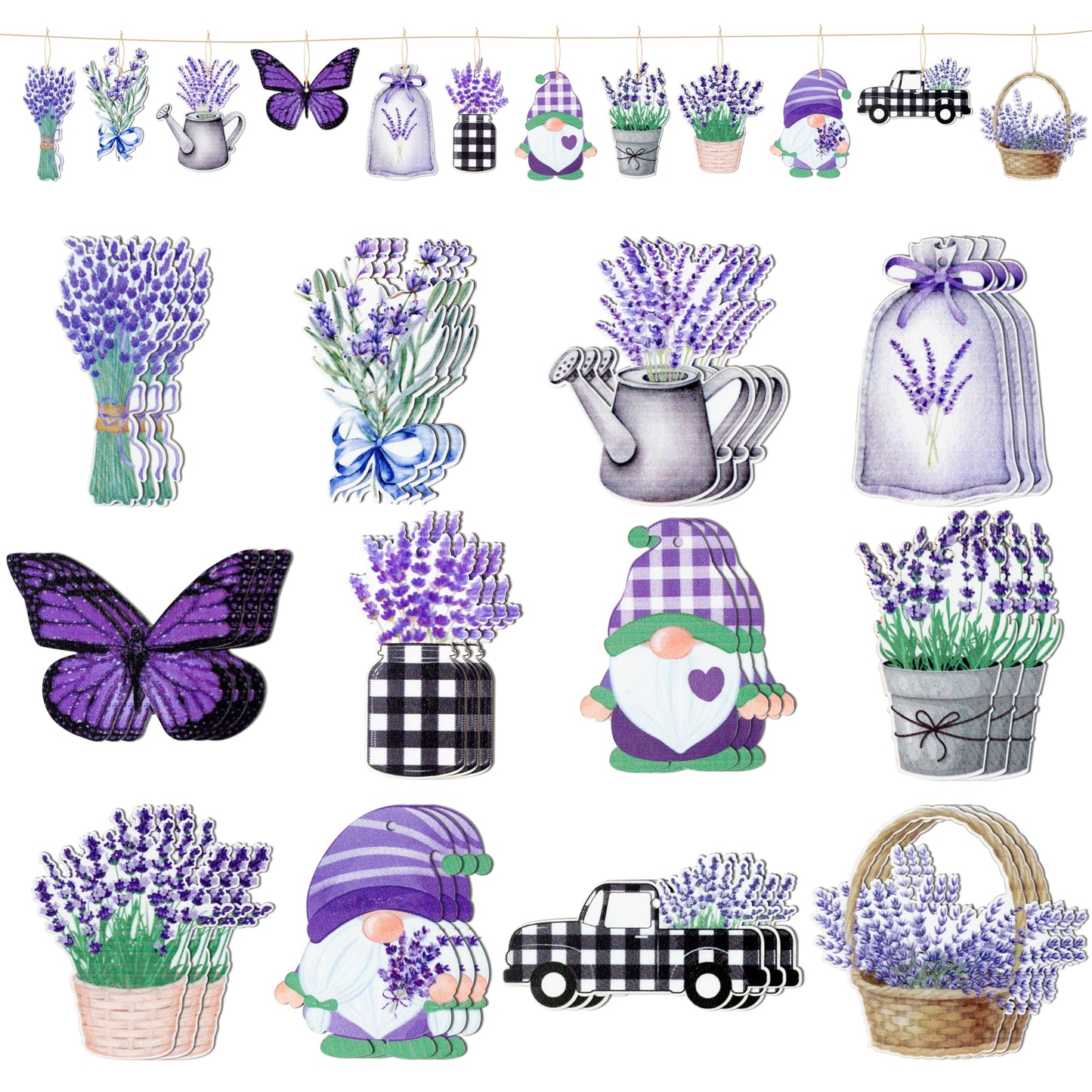 WATINC 37pcs Lavender Wood Hanging Ornament - Spring Summer Wooden Flowers Crafts Hang Decorations, Gnome Floral Tree Ornaments with Rope for Home Kitchen Holiday Party Decor Supplies (12 Styles)