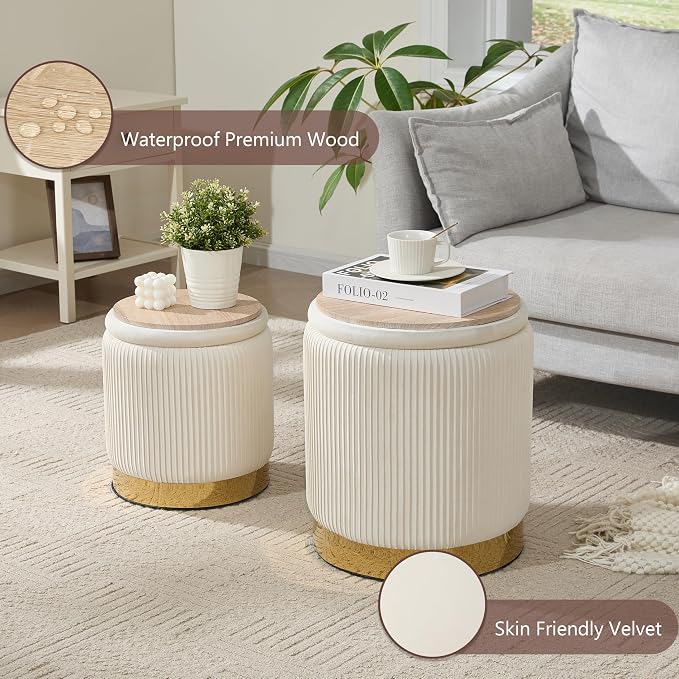Royal Windsor Round Ottoman with Storage Set of 2, Vanity Stool with Storage for Bedroom, Ottoman Coffee Table Gold-Tone Ring Around The Base, Small Velvet Foot Stool for Living Room, Beige