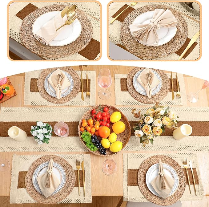 6 Sets Boho Decoration Placemats Round Woven Placemats, Cloth Napkins, Wood Bead Napkin Rings, Long Table Runner and Farmhouse Burlap Cotton for Table Kitchen (Caramel,12x72)