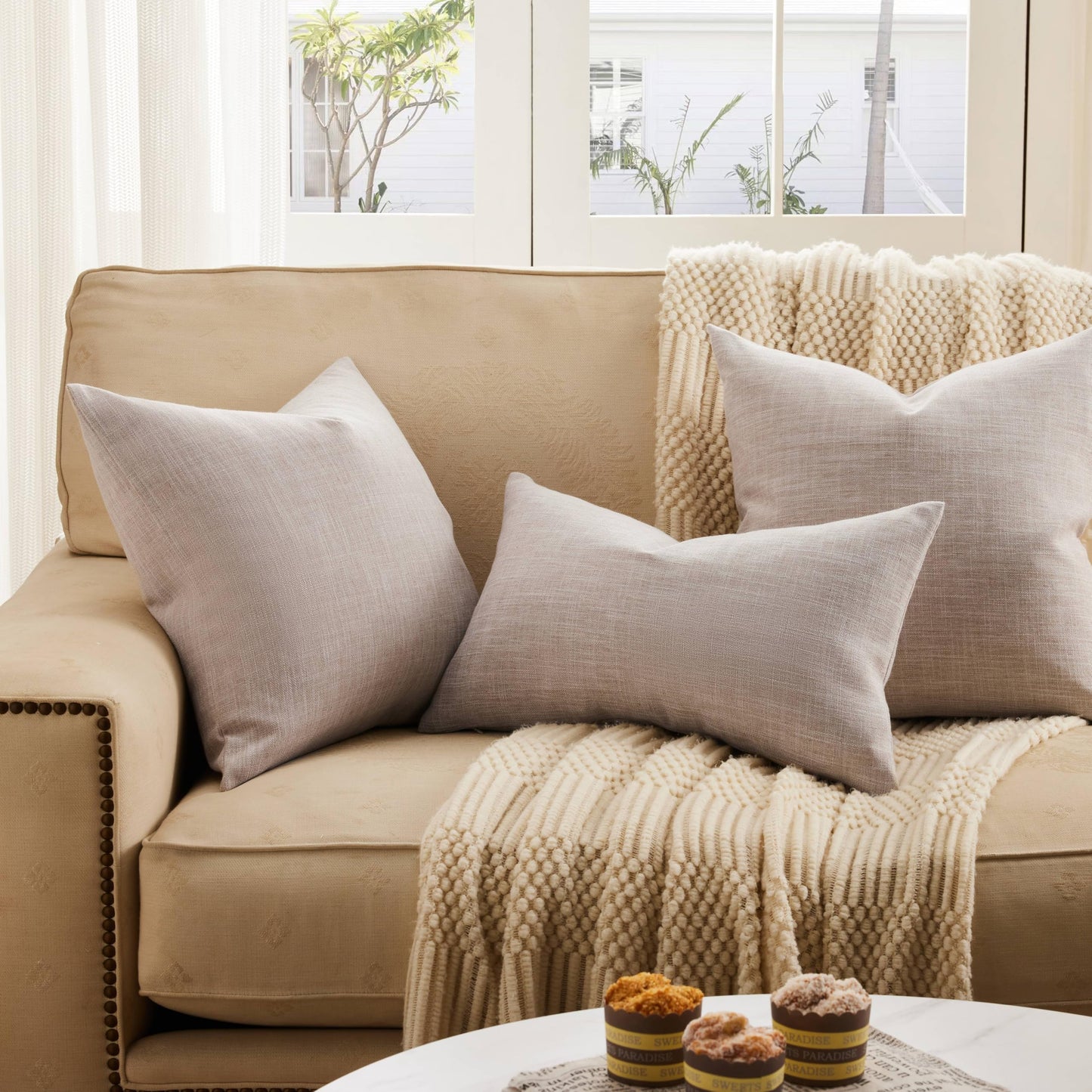 ZeeMart Rustic Cotton Linen Throw Pillow Covers Set of 2, 18x18 Inch Taupe, Farmhouse Style Decorative Couch Pillow Cases Beige Cushion Covers for Sofa Bed Living Room Home Decor