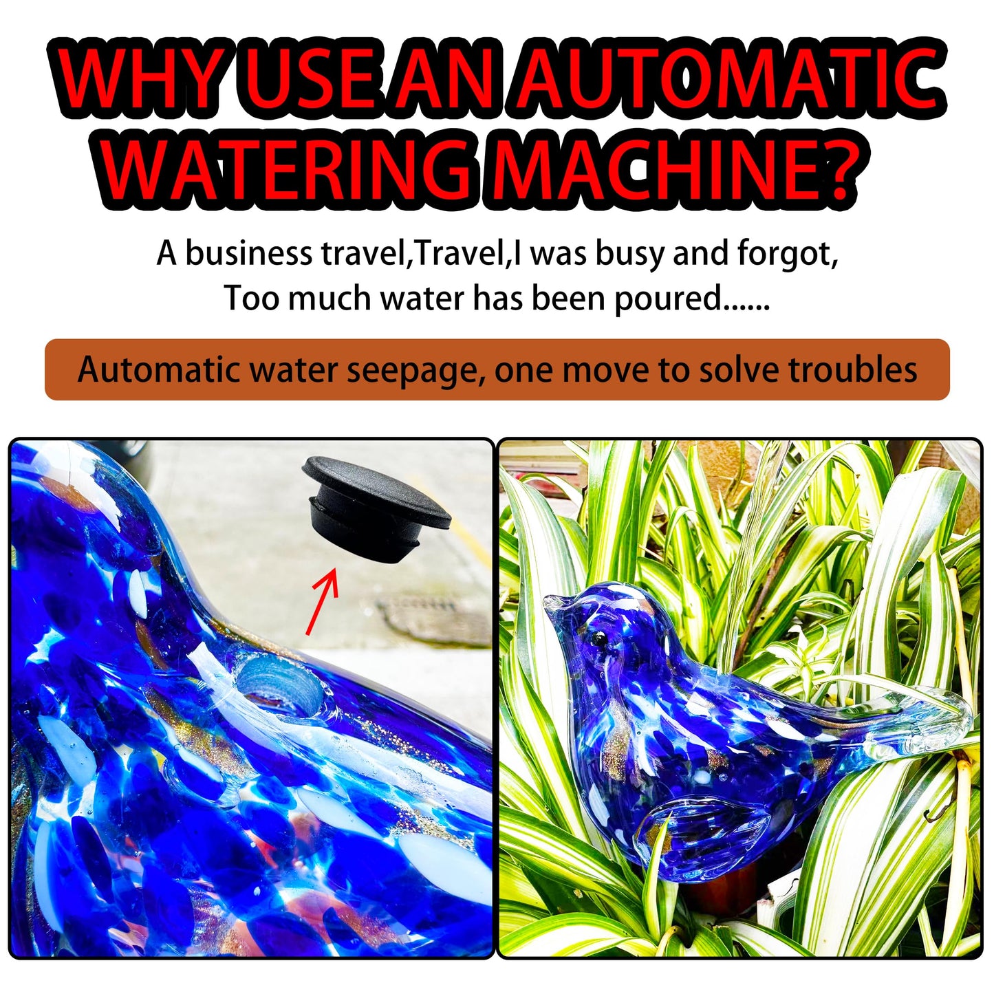 Naboher Glass Bird Shaped Plant Watering Ball Glass Automatic Watering Ball Flower Pot Insertion Spike Drip Irrigation Device Watering Ball Irrigation System Plant Enthusiast Gift (Red)
