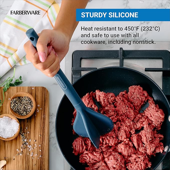 Farberware Professional Silicone Meat Masher and Ground Beef Chopper Tool - Blue, Heat Resistant to 450F, Nonstick Safe, Dishwasher Safe Potato Masher and Meat Chopper