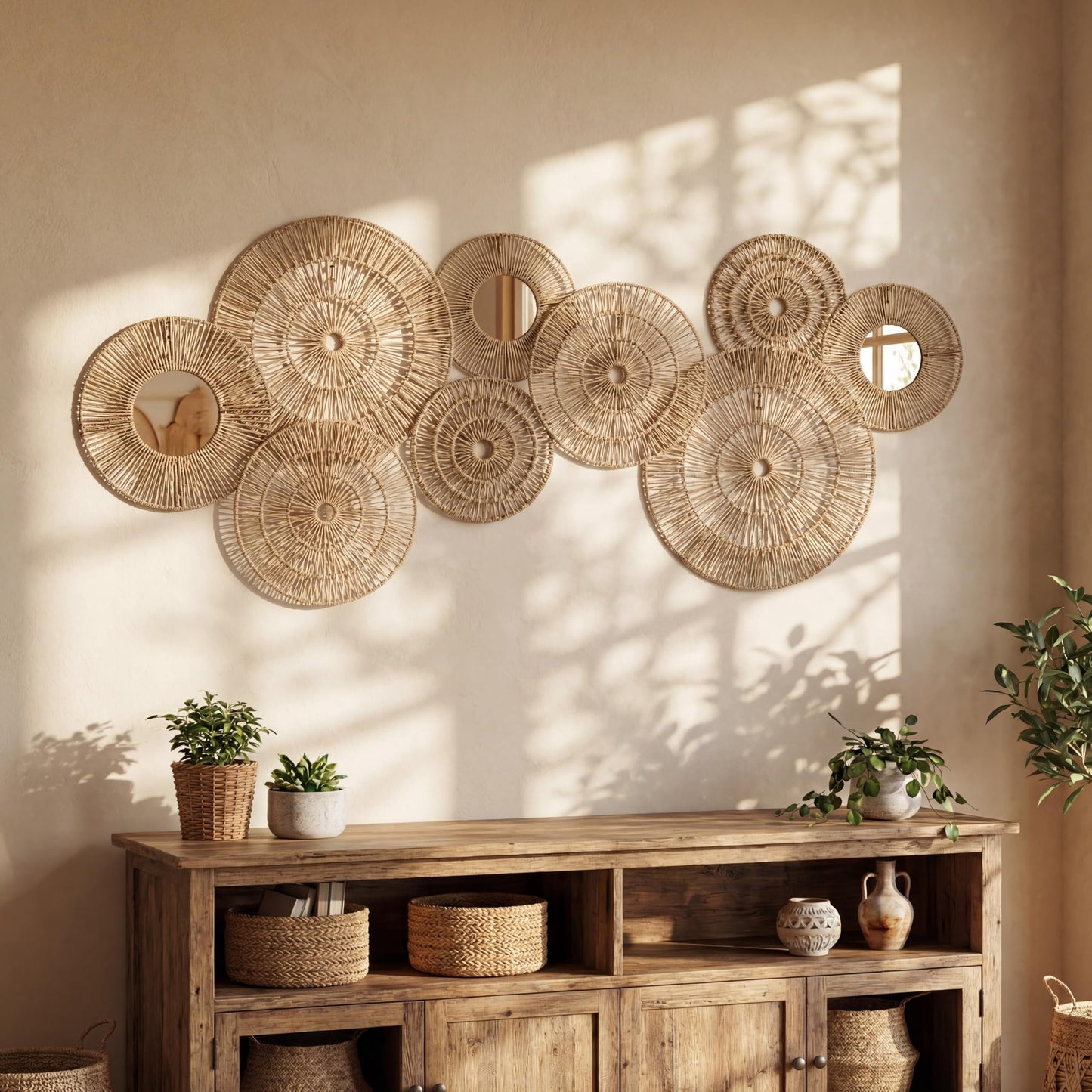 Yerliker 9 Pack Wicker Jute Wall Decor Baskets - Wicker Woven Jute Wall Mirrors Baskets Decorative Boho Hanging Woven Basket, Rustic Round Mirrors Natural Home Decor Set for Bedroom Living Room