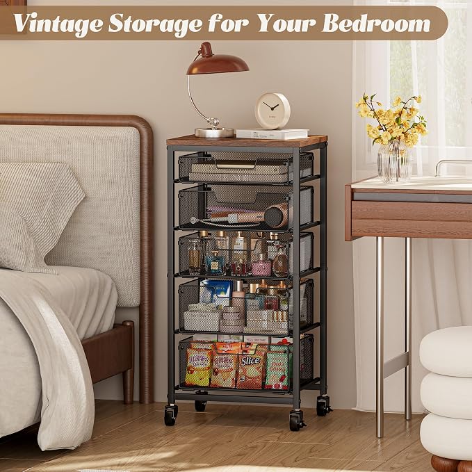 Rolling Cart with Drawers, 5-Drawer Storage Cart on Wheels with Vintage Wooden Top, Heavy Duty Metal Utility Cart, Mobile Craft Art Storage Cart for Kitchen, Bathroom, Office, Bedroom, Art Studio