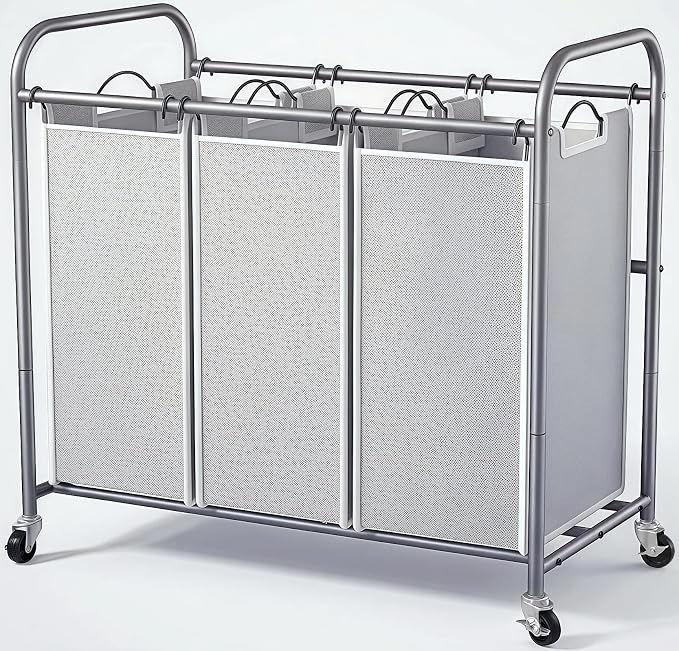 ROMOON Laundry Sorter Hamper 3 Section, Divided Laundry Basket Organizer with Heavy Duty Lockable Wheels and Removable Bags, Rolling Clothes Hamper for Apartment, Dorm & Family (135L Neutral Gray)