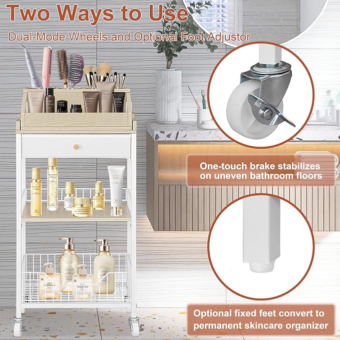 Makeup Organizer Cart with Removable Cosmetic Display Case, Large Makeup Cart with Drawer and 4 SS Tool Cups, 2-in-1 Vanity Organizer for Skincare Perfume Nail Polish Brush, White & Natural