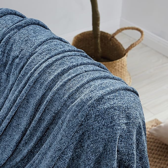 BOURINA Chenille Fluffy Throw Blanket with Decorative Fringe for Couch Cover Sofa Chair Blanket（50×60 Inches） Navy