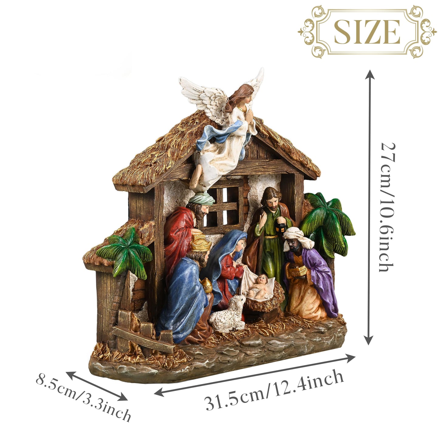 Valery Madelyn Christmas Nativity Figurines with LED Lights, Red Gold Holy Family Nativity Scenes Set Resin Manger for Xmas Indoor Home Table Fireplace Holiday Decorations, 10.6 Inch Tall
